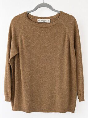 Zara Knit Metallic Brown Sweater Lightweight Crew Neck Pullover